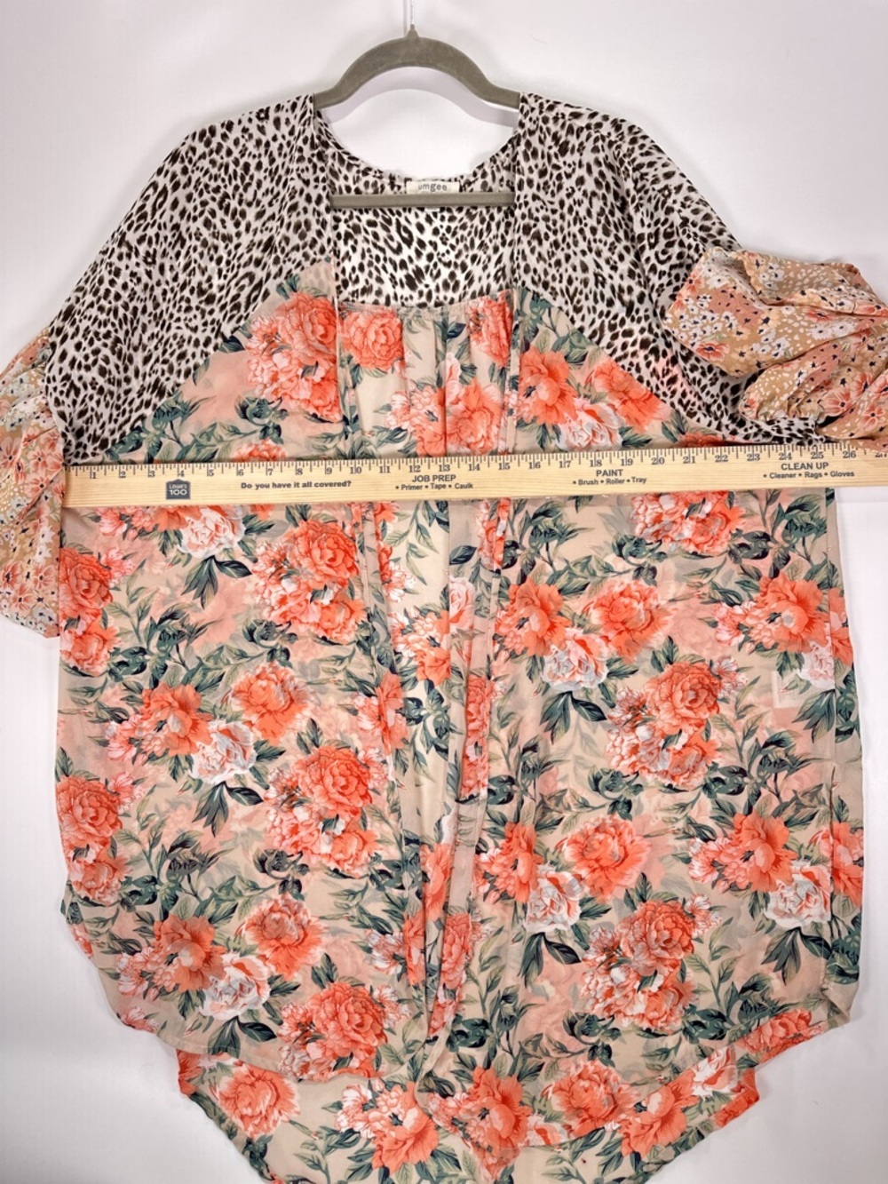 UMGEE Mixed Print Floral Leopard Open Front Kimono Cardigan Peach Cream Size M - Picture 8 of 9